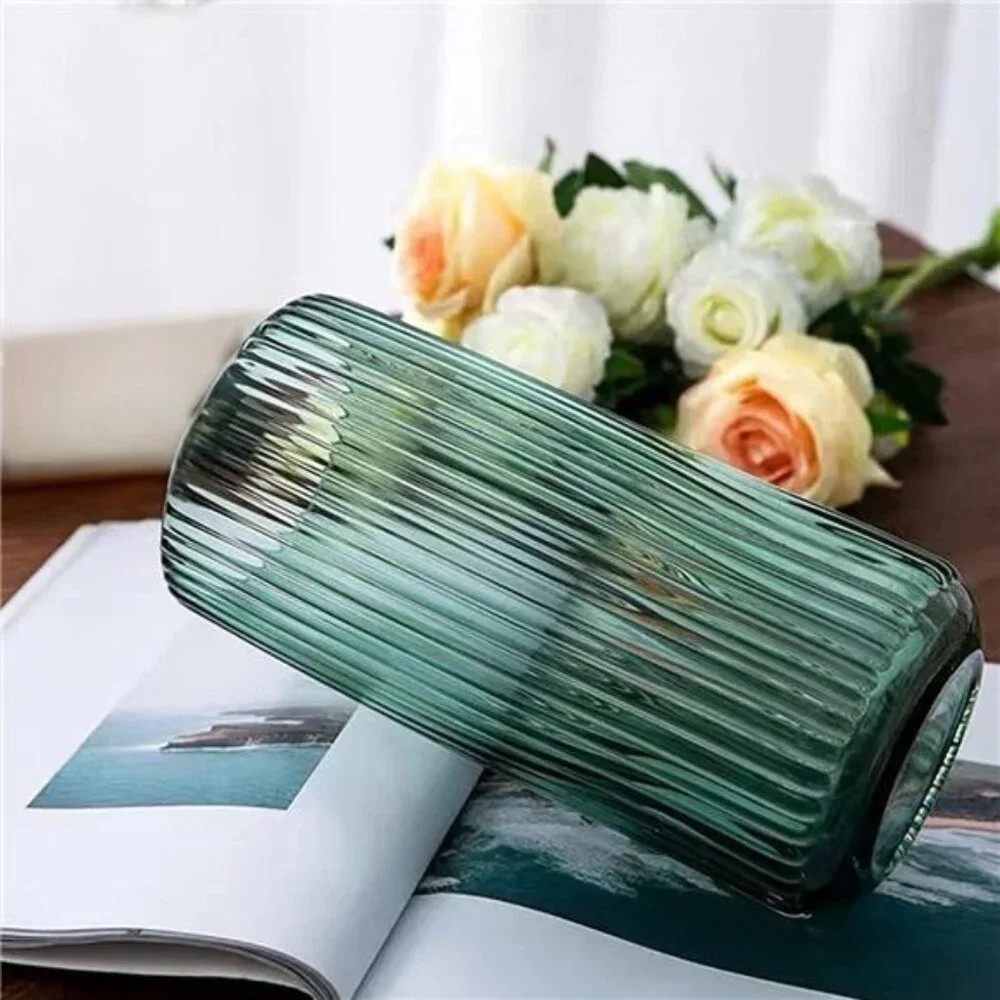 NEW West Elm Green Glass Boho Ribbed Cylinder Flower Vase Planter Decor - 8